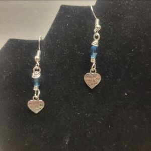 Hand Crafted Silver and Blue Bicone Crystal Heart Dangle Earrings